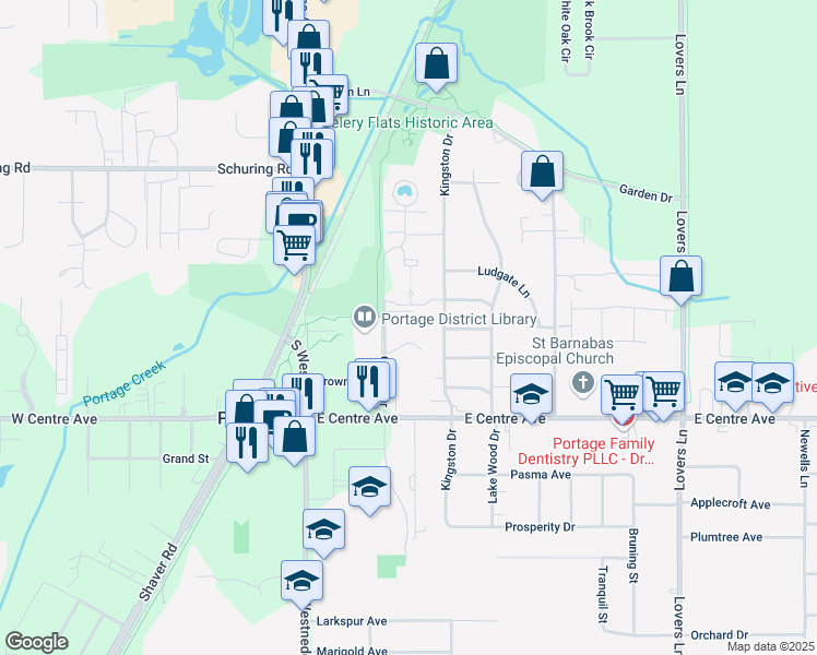 map of restaurants, bars, coffee shops, grocery stores, and more near 7855 Currier Drive in Portage