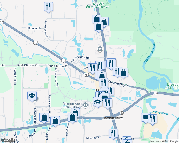 map of restaurants, bars, coffee shops, grocery stores, and more near 1220 U.S. 45 in Vernon Hills