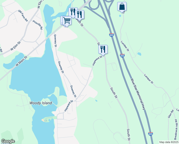map of restaurants, bars, coffee shops, grocery stores, and more near 50 Hayward Street in Hopkinton