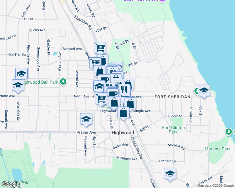 map of restaurants, bars, coffee shops, grocery stores, and more near 416 Sheridan Road in Highwood