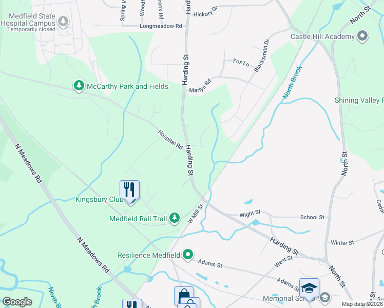 map of restaurants, bars, coffee shops, grocery stores, and more near 5 Surrey Run in Medfield
