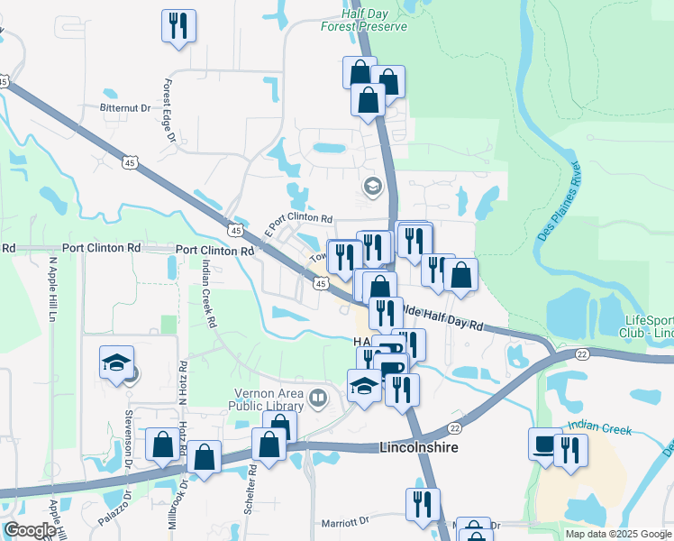 map of restaurants, bars, coffee shops, grocery stores, and more near 1255 Town Center Road in Vernon Hills