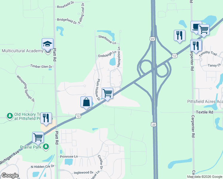map of restaurants, bars, coffee shops, grocery stores, and more near 5790 Hampshire Lane in Ypsilanti
