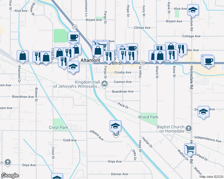 map of restaurants, bars, coffee shops, grocery stores, and more near 4435 Boardman Avenue in Klamath Falls