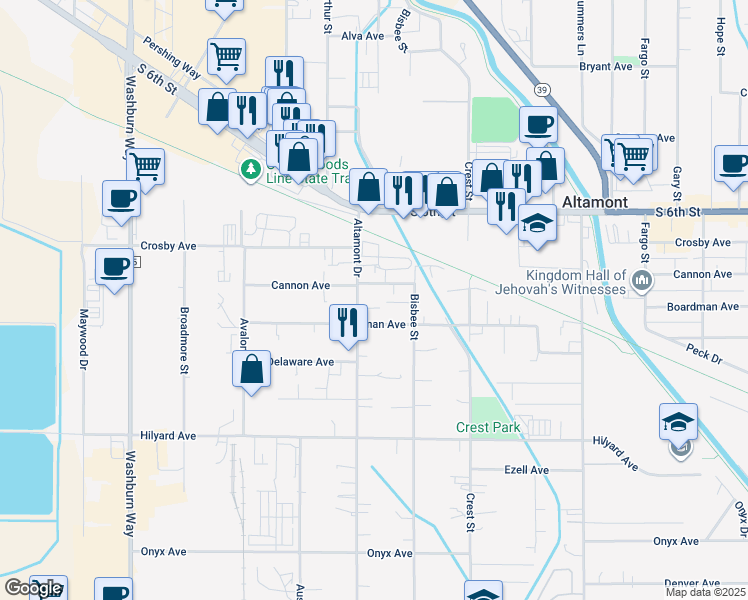 map of restaurants, bars, coffee shops, grocery stores, and more near 3504 Cannon Avenue in Klamath Falls