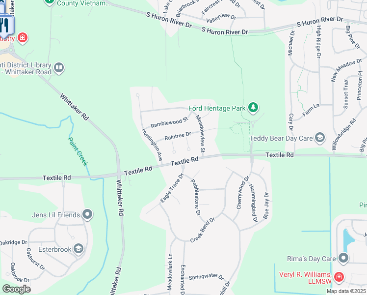 map of restaurants, bars, coffee shops, grocery stores, and more near 5928 East Raintree Court in Ypsilanti