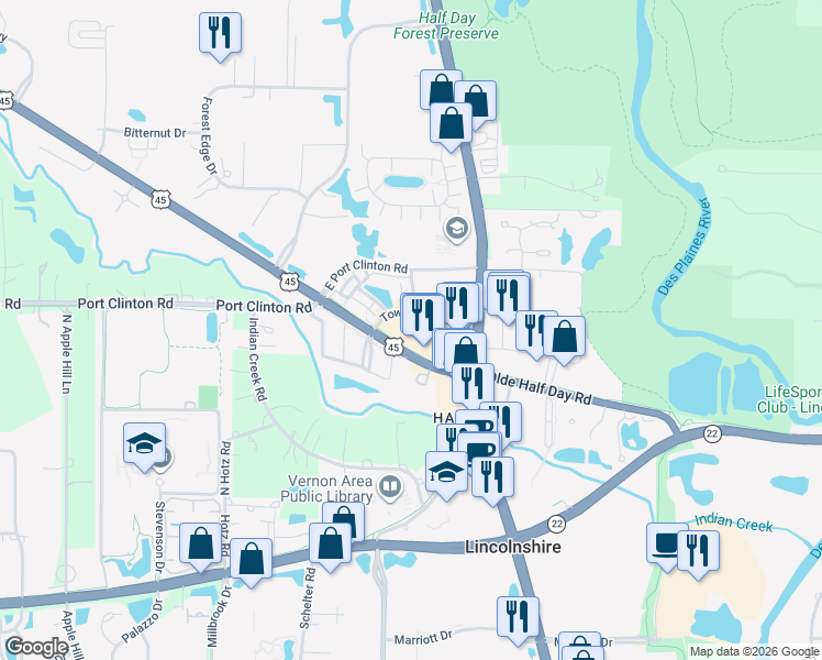 map of restaurants, bars, coffee shops, grocery stores, and more near 1255 Town Center Road in Vernon Hills