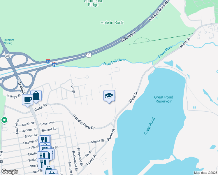 map of restaurants, bars, coffee shops, grocery stores, and more near 17 Pacella Park Drive in Randolph