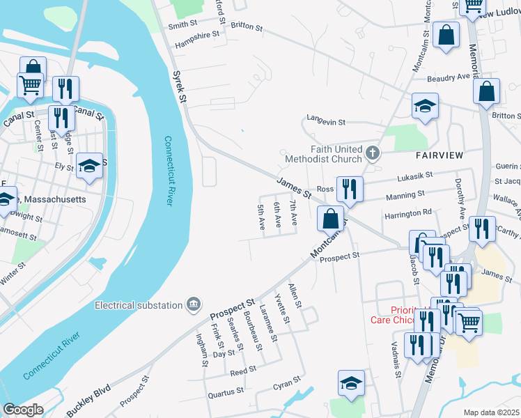 map of restaurants, bars, coffee shops, grocery stores, and more near 84 5th Avenue in Chicopee