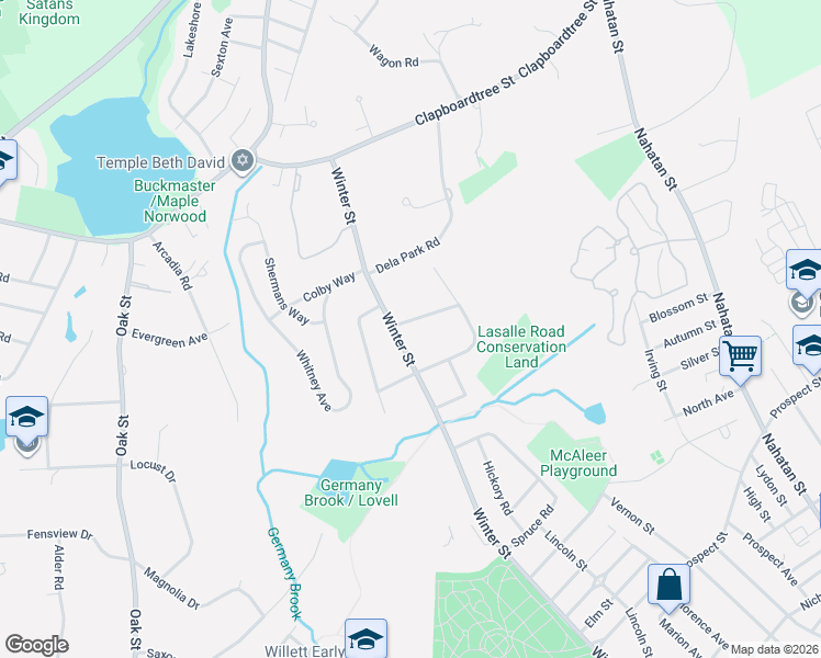 map of restaurants, bars, coffee shops, grocery stores, and more near 2 Briarwood Drive in Westwood
