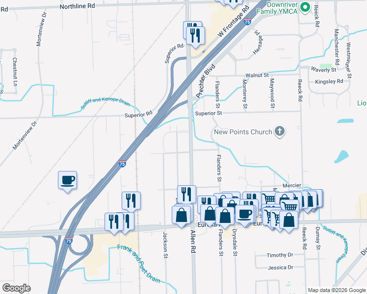 map of restaurants, bars, coffee shops, grocery stores, and more near 14204 Allen Road in Taylor
