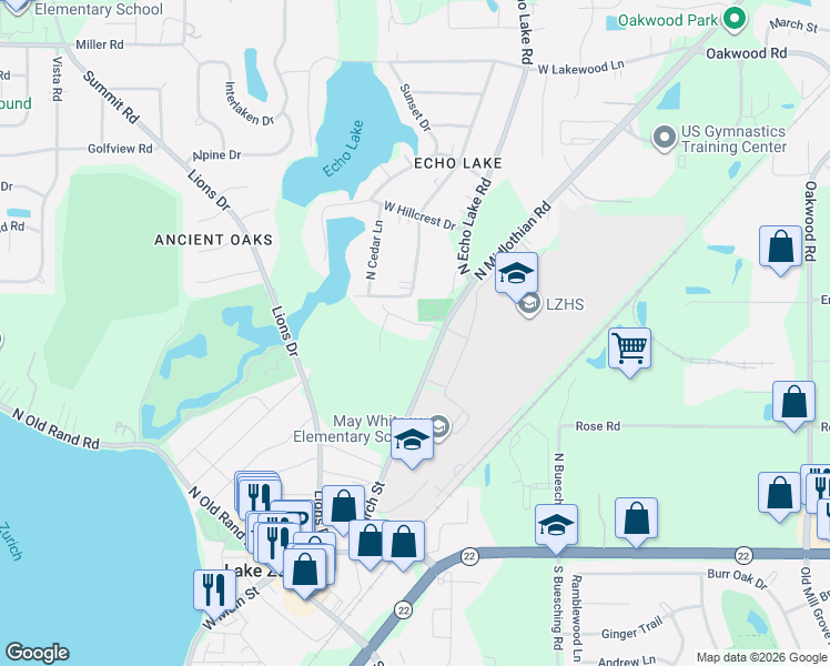map of restaurants, bars, coffee shops, grocery stores, and more near 280 Clair View Court in Lake Zurich
