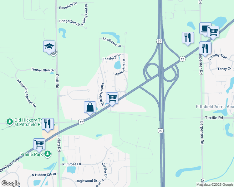map of restaurants, bars, coffee shops, grocery stores, and more near 5780 Hampshire Ln in Ypsilanti