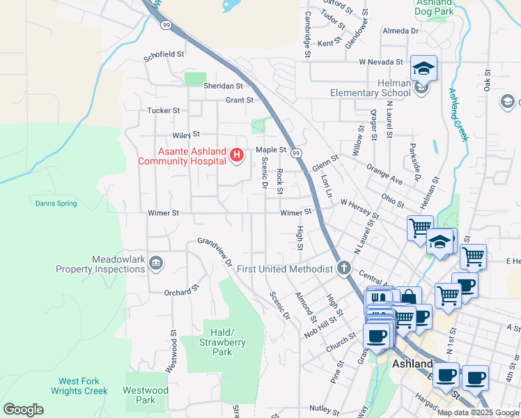 map of restaurants, bars, coffee shops, grocery stores, and more near 407 Scenic Drive in Ashland