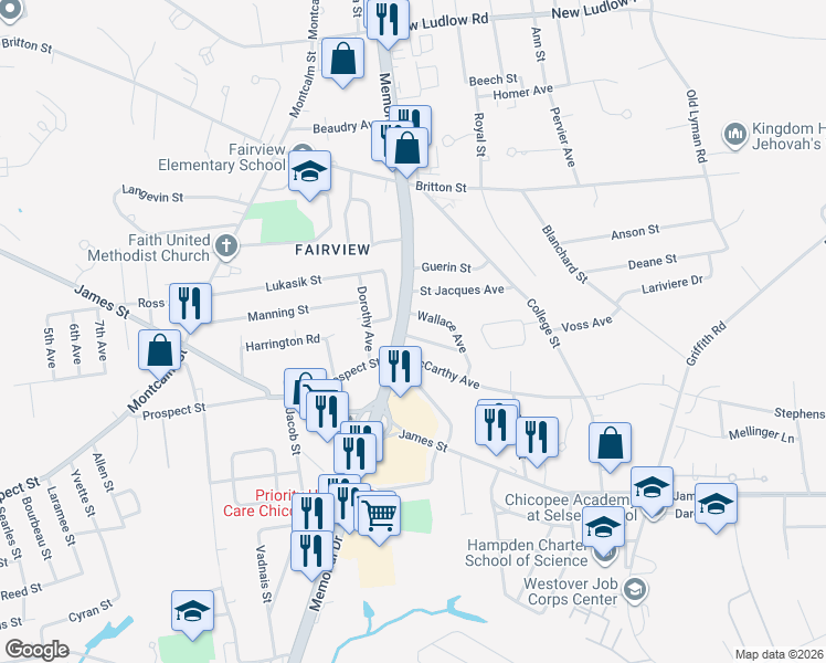 map of restaurants, bars, coffee shops, grocery stores, and more near 21 May Street in Chicopee