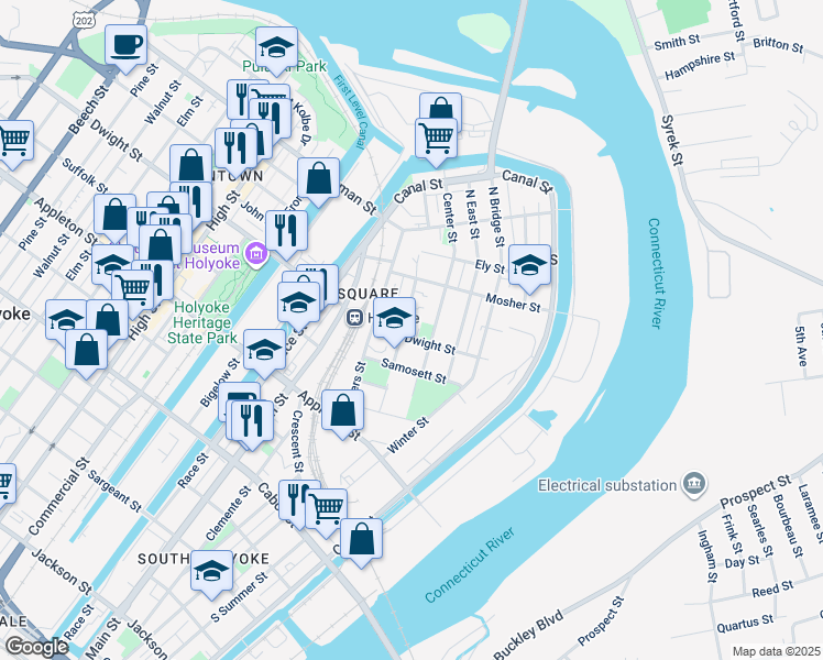 map of restaurants, bars, coffee shops, grocery stores, and more near Miller Street in Holyoke