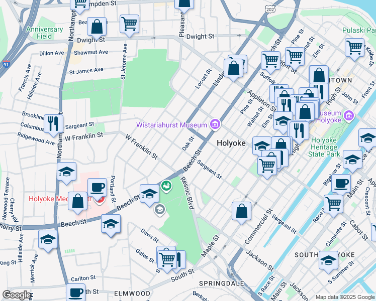 map of restaurants, bars, coffee shops, grocery stores, and more near 317-319 Beech Street in Holyoke