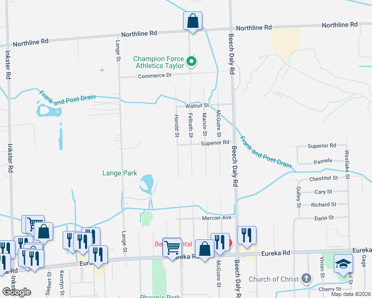map of restaurants, bars, coffee shops, grocery stores, and more near 26189 Superior Road in Taylor