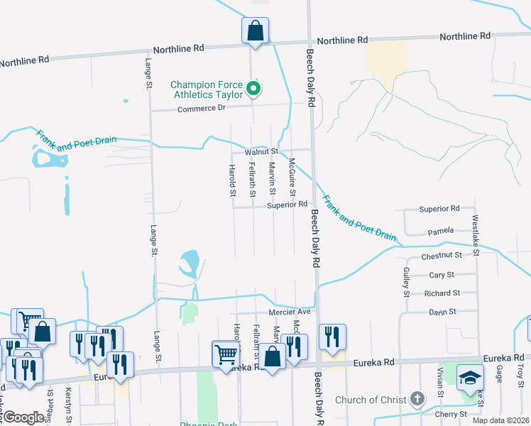 map of restaurants, bars, coffee shops, grocery stores, and more near 26045 Superior Road in Taylor