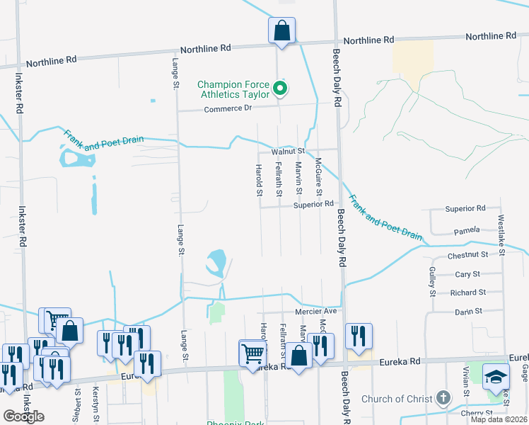 map of restaurants, bars, coffee shops, grocery stores, and more near 26189 Superior Road in Taylor