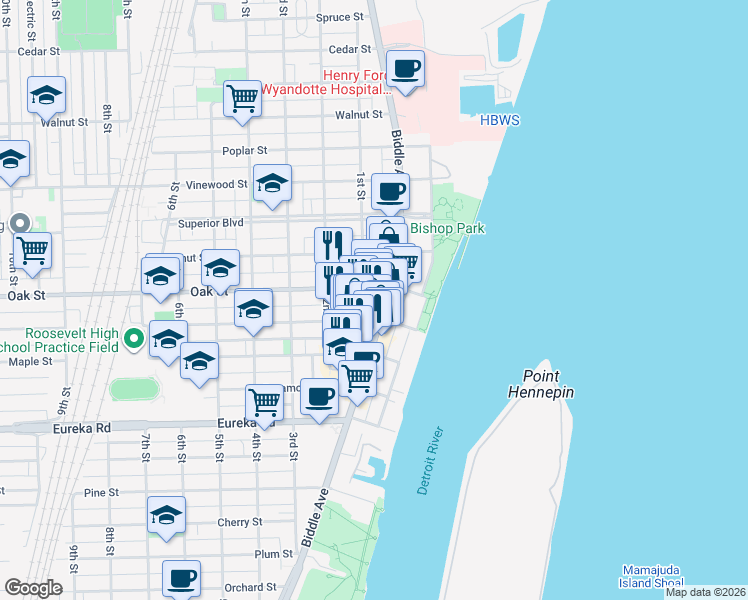 map of restaurants, bars, coffee shops, grocery stores, and more near 2926 Biddle Avenue in Wyandotte