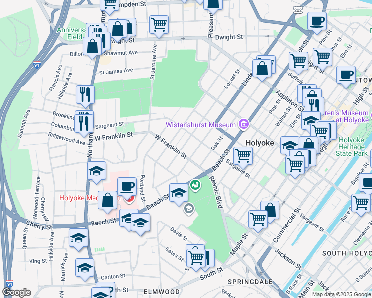 map of restaurants, bars, coffee shops, grocery stores, and more near 208 Locust Street in Holyoke