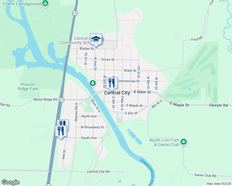 map of restaurants, bars, coffee shops, grocery stores, and more near 413 East Main Street in Central City