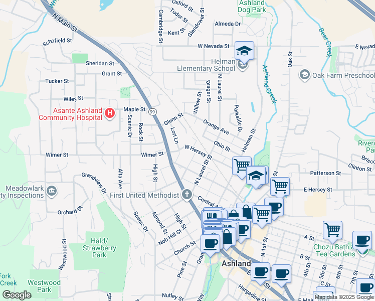 map of restaurants, bars, coffee shops, grocery stores, and more near 279 West Hersey Street in Ashland