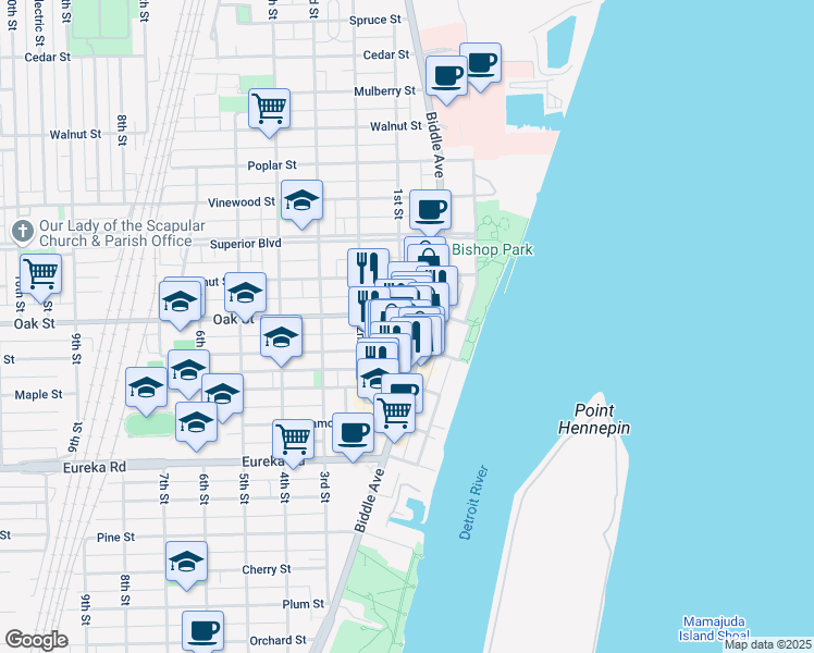 map of restaurants, bars, coffee shops, grocery stores, and more near 2926 Biddle Avenue in Wyandotte