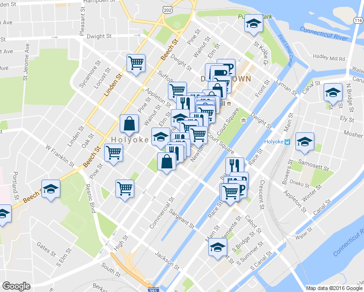 map of restaurants, bars, coffee shops, grocery stores, and more near 330 Maple Street in Holyoke