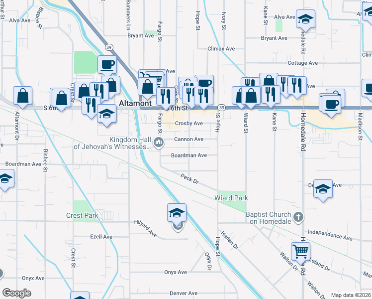 map of restaurants, bars, coffee shops, grocery stores, and more near 2531 Gettle Street in Klamath Falls