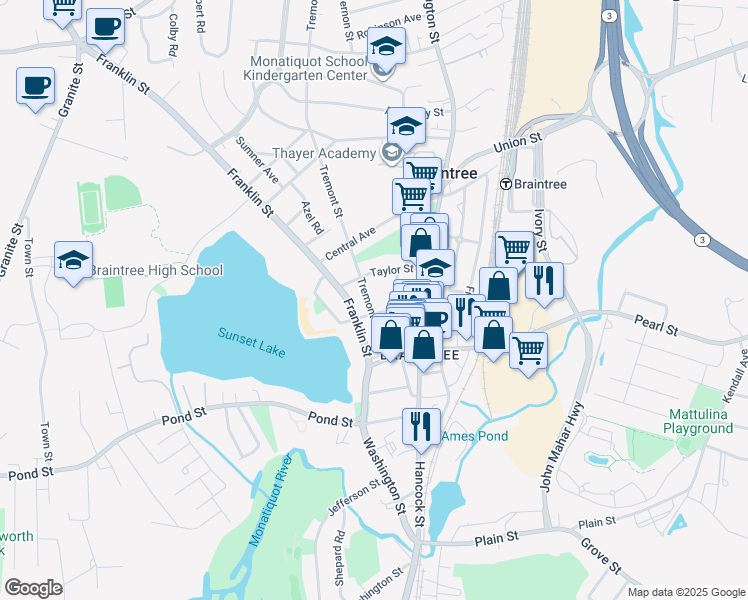 map of restaurants, bars, coffee shops, grocery stores, and more near 57 Tremont Street in Braintree