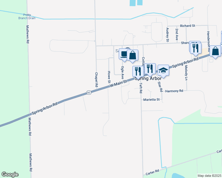 map of restaurants, bars, coffee shops, grocery stores, and more near 233 West Main Street in Spring Arbor