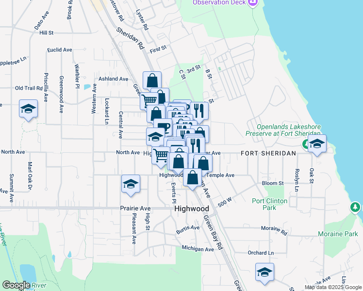 map of restaurants, bars, coffee shops, grocery stores, and more near 416 Sheridan Road in Highwood