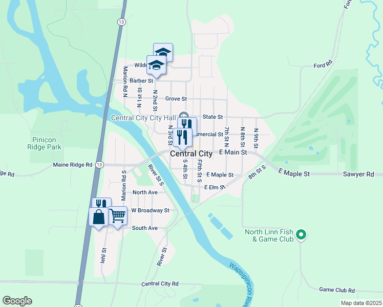 map of restaurants, bars, coffee shops, grocery stores, and more near in Central City