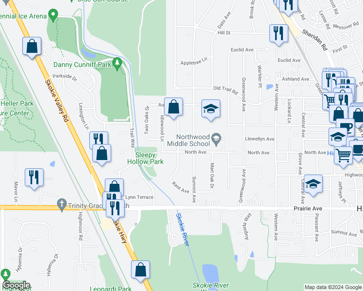 map of restaurants, bars, coffee shops, grocery stores, and more near 2825 Arlington Avenue in Highland Park