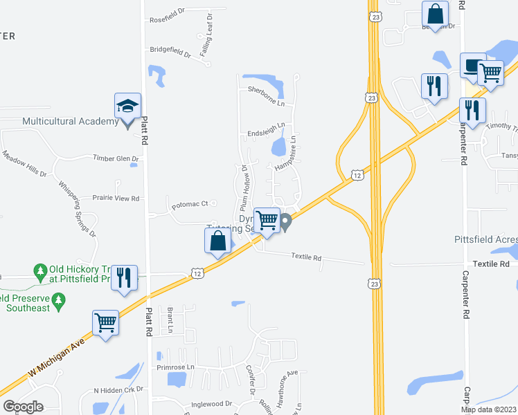 map of restaurants, bars, coffee shops, grocery stores, and more near 5915 Plum Hollow Drive in Ypsilanti
