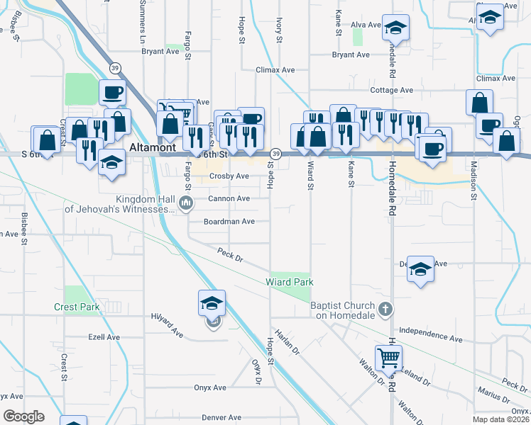 map of restaurants, bars, coffee shops, grocery stores, and more near 4652 Cannon Avenue in Klamath Falls