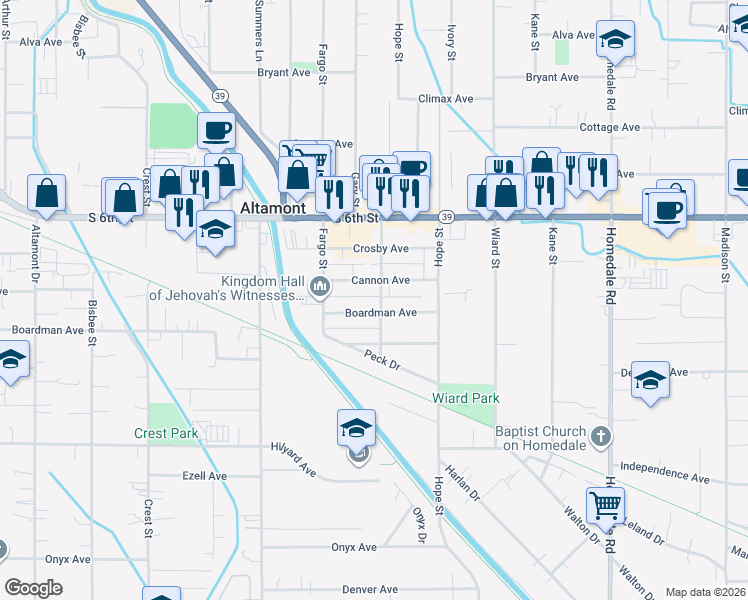 map of restaurants, bars, coffee shops, grocery stores, and more near 2531 Gettle Street in Klamath Falls
