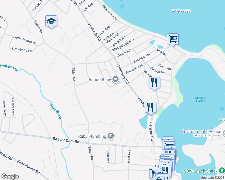 map of restaurants, bars, coffee shops, grocery stores, and more near 10 Maple Avenue in Scituate