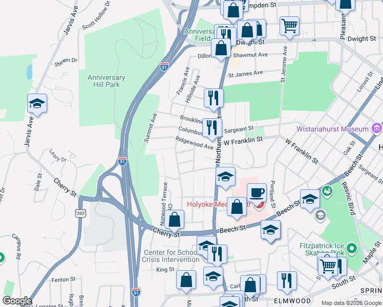 map of restaurants, bars, coffee shops, grocery stores, and more near 15 Greenwood Avenue in Holyoke