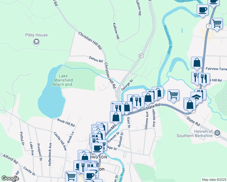 map of restaurants, bars, coffee shops, grocery stores, and more near 27 Christian Hill Road in Great Barrington