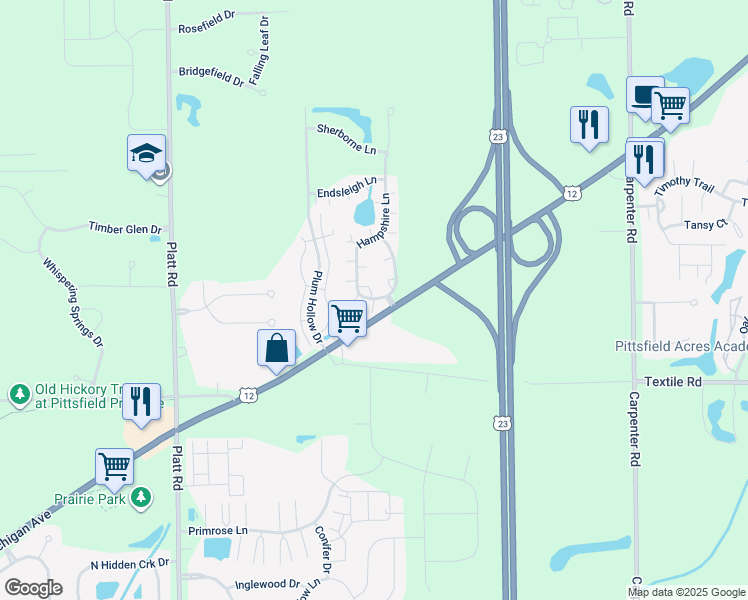 map of restaurants, bars, coffee shops, grocery stores, and more near 5780 Hampshire Lane in Ypsilanti
