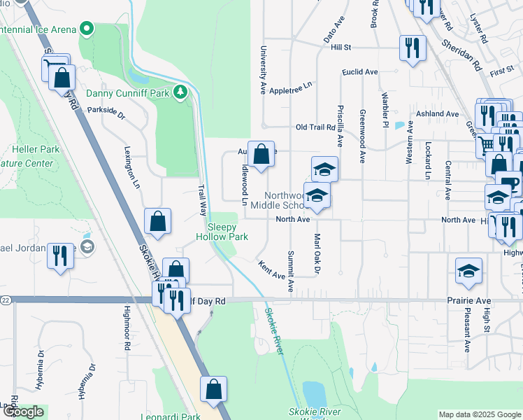 map of restaurants, bars, coffee shops, grocery stores, and more near 2825 Arlington Avenue in Highland Park