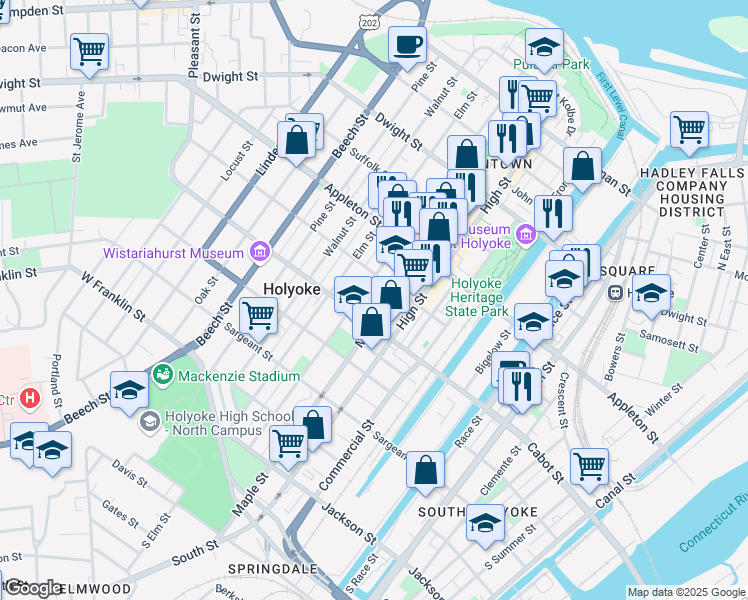 map of restaurants, bars, coffee shops, grocery stores, and more near 335 Maple Street in Holyoke