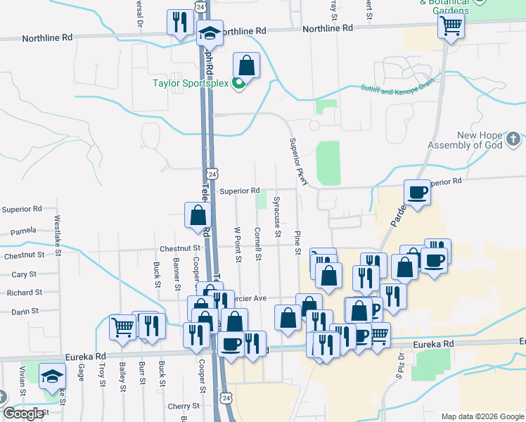 map of restaurants, bars, coffee shops, grocery stores, and more near 14105 Cornell Street in Taylor