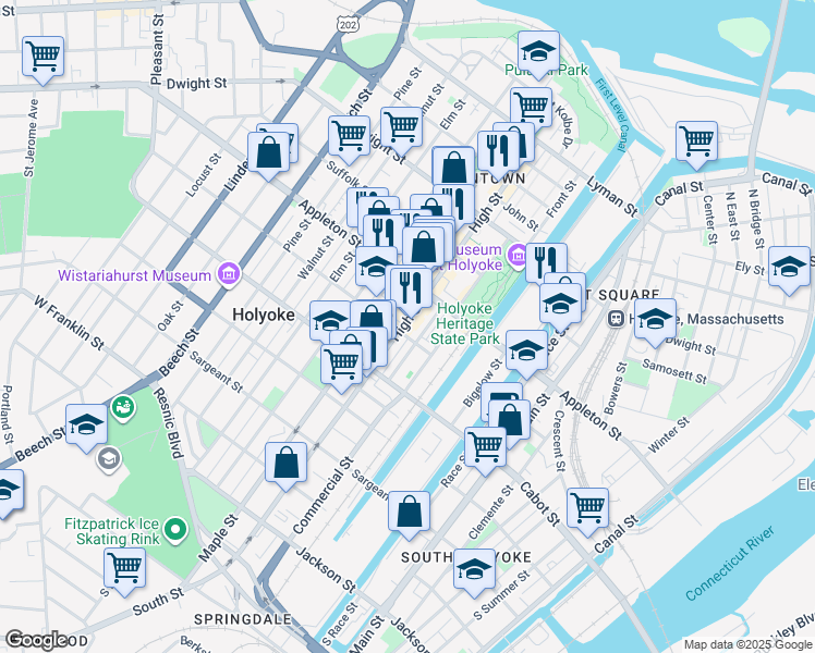 map of restaurants, bars, coffee shops, grocery stores, and more near 428 High Street in Holyoke