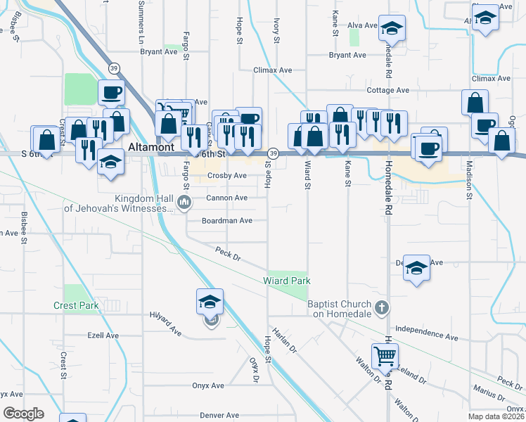 map of restaurants, bars, coffee shops, grocery stores, and more near 4652 Cannon Avenue in Klamath Falls