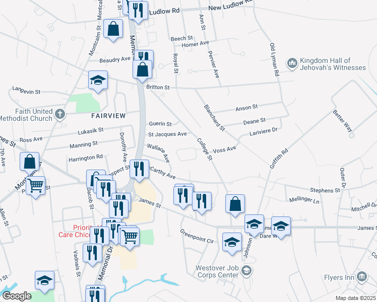 map of restaurants, bars, coffee shops, grocery stores, and more near 39 Boucher Circle in Chicopee