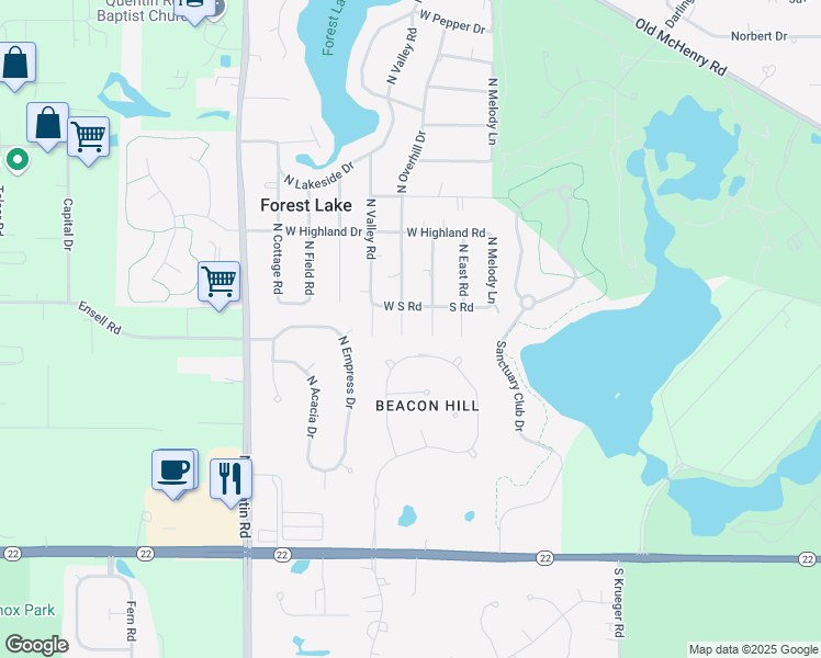 map of restaurants, bars, coffee shops, grocery stores, and more near 23465 North Overhill Drive in Lake Zurich